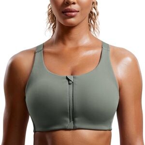 CRZ YOGA Zip Front High Impact Sports Bra 32DD Grey Sage